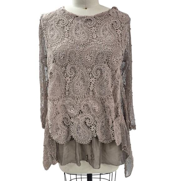 Made in Italy Tan Mocha Paisley Design Mesh Top Shirt Viscose Stretch L - Picture 1 of 5
